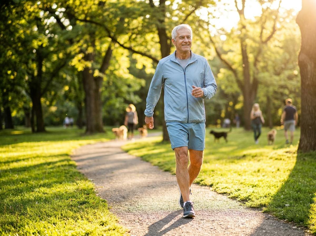 Aktív idősebb férfi energikusan sétál a parkban